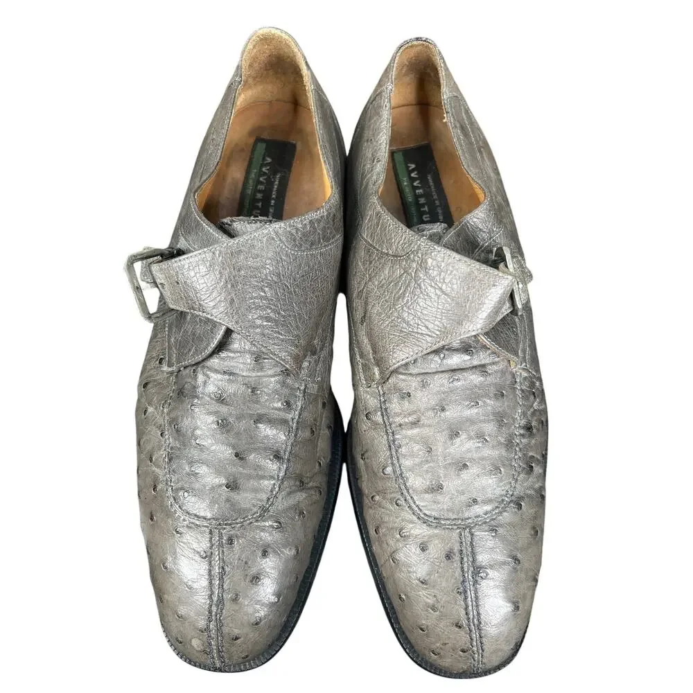 Vintage Aventura Men’s Ostrich Grey Leather Monk Strap Dress Shoe Size 10.5